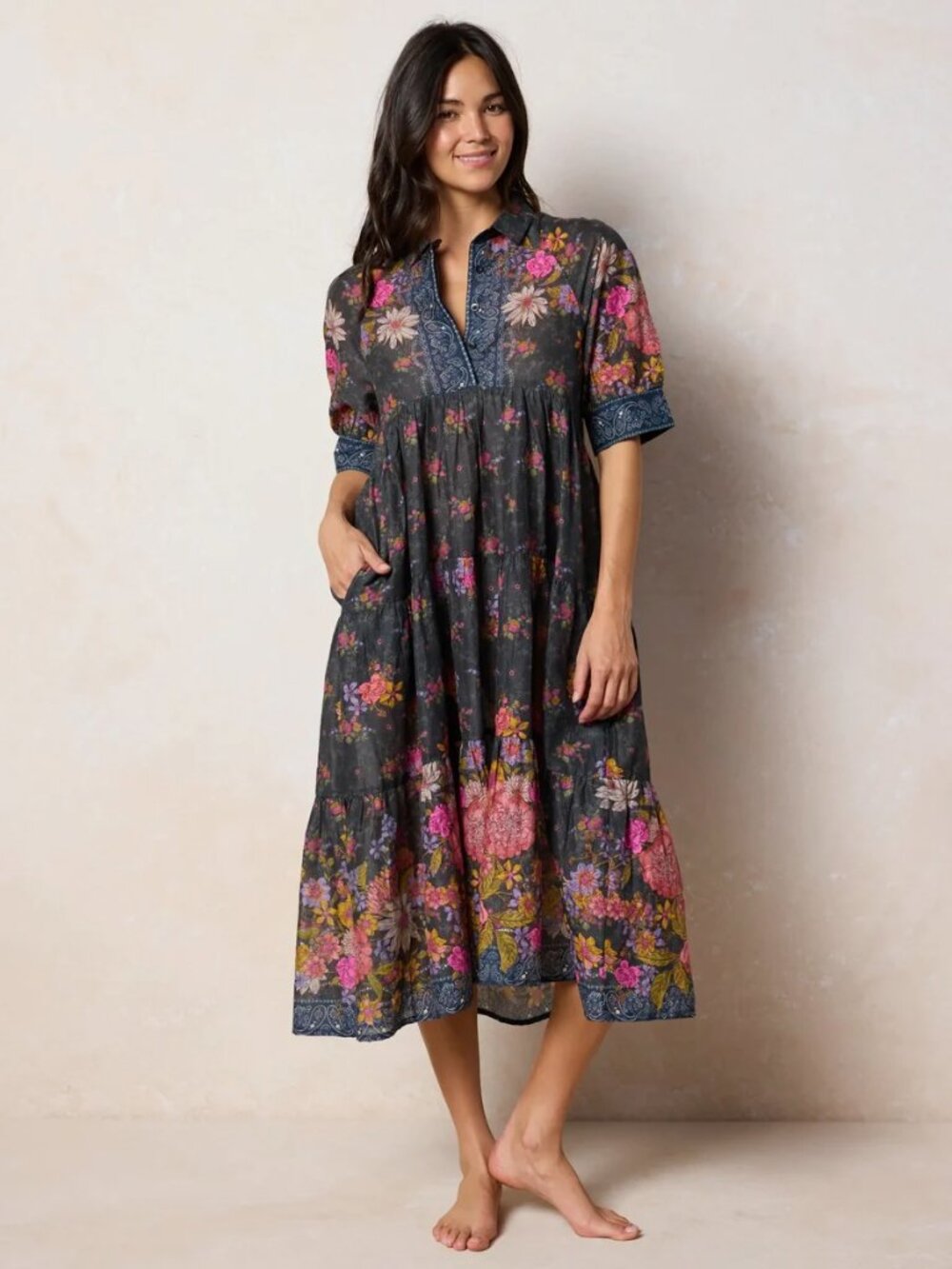 Natural Life Rebecca Cotton Midi Dress, English Garden Charcoal XL